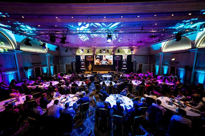 Corporate conference in a hotel ballroom